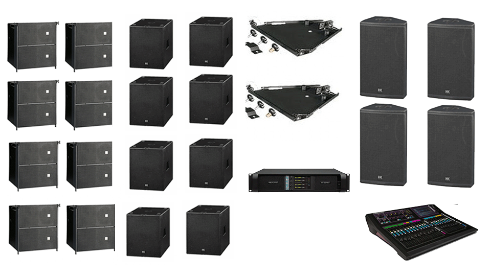 PA Hire Package 9, 6 HK Audio CTA208 Speakers, 6 HK Audio CT118 Sub's, 4 HK audio CT115 Monitors, 1 Allen and Heath GLD-80 Mixer, powered by Lab.Gruppen FP Series with microphones, DI Boxes and cabling included.